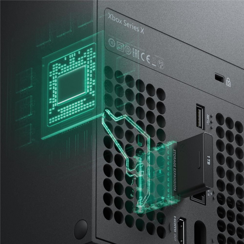 Xbox rear port with Seagate 1TB storage expansion card installed, dark gray