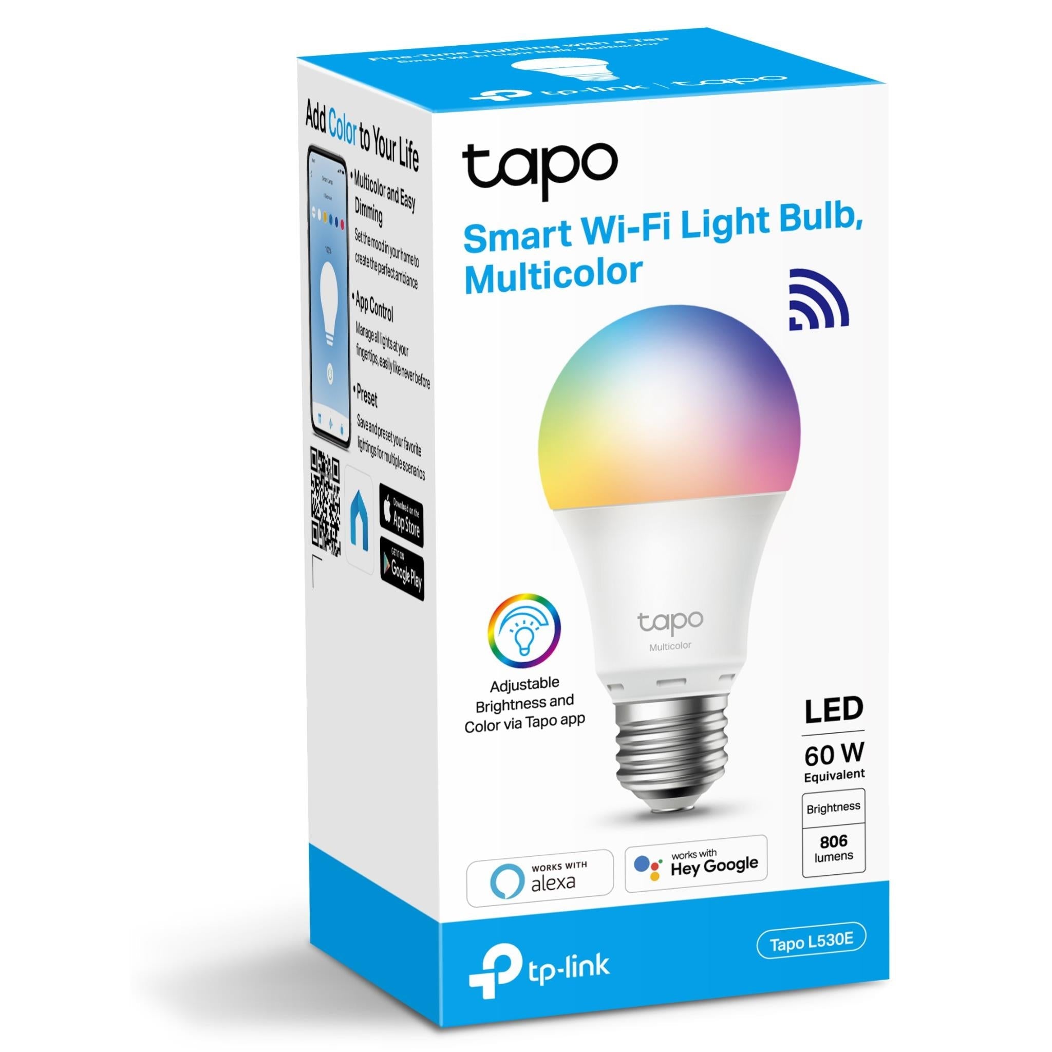 TP-Link Tapo L530E Smart Wi‑Fi multicolor LED light bulb retail box with bulb image