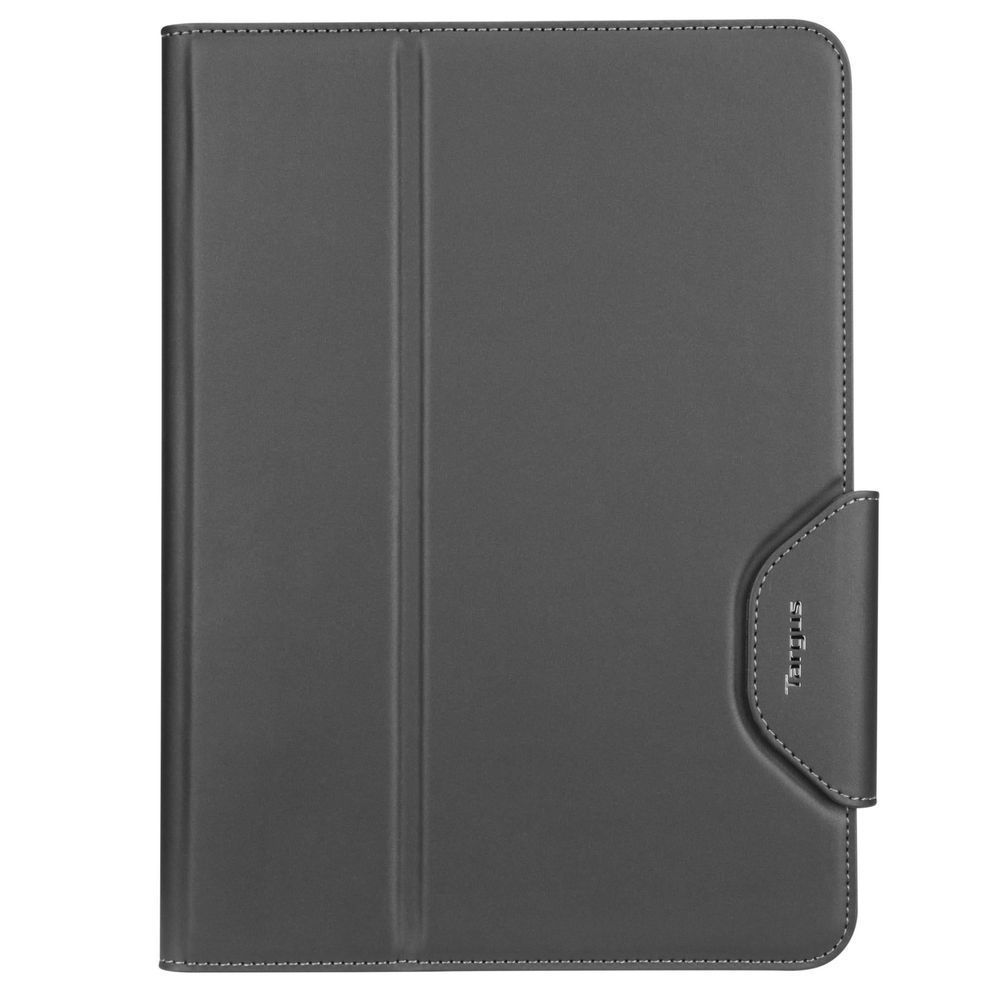 Dark gray iPad folio case with stitched front cover and side closure panel