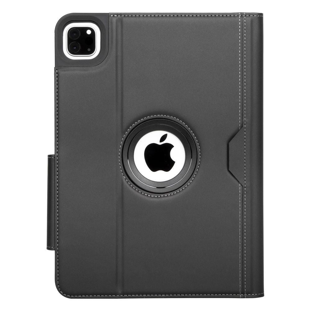 Dark gray iPad case with Apple logo ring, camera cutout, and circular stand