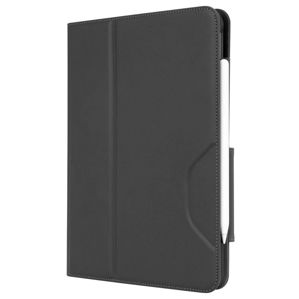 Dark gray folio iPad case with smooth front cover and stitched edges, closed