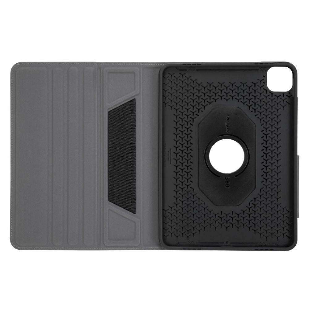 Dark gray iPad case interior with textured back panel and camera/port openings