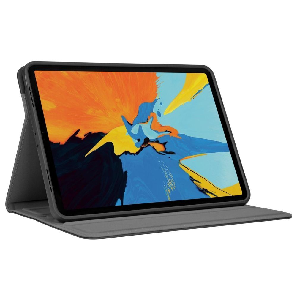 Dark gray iPad folio case standing upright with tablet screen facing forward