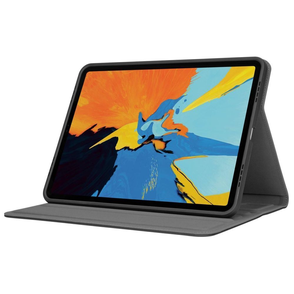 Dark gray iPad folio case in viewing stand position, tablet screen angled up