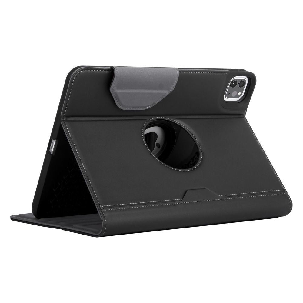 Dark gray iPad case with kickstand ring opening and camera cutout on top