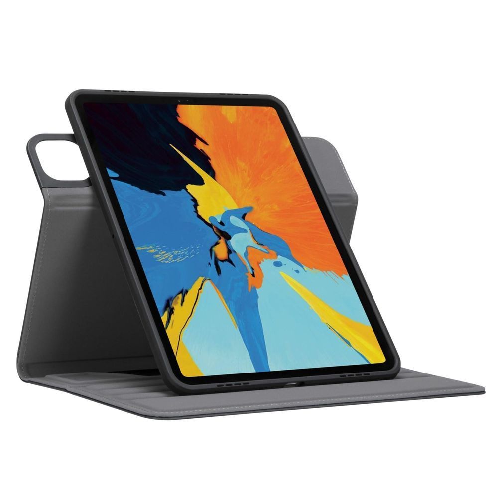 Dark gray iPad case standing with tablet screen angled; side cutouts visible