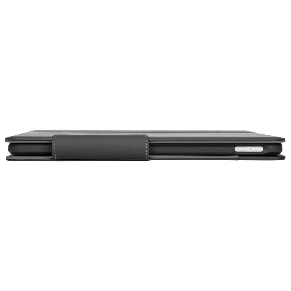 Slim dark gray iPad folio case side profile with button/port access