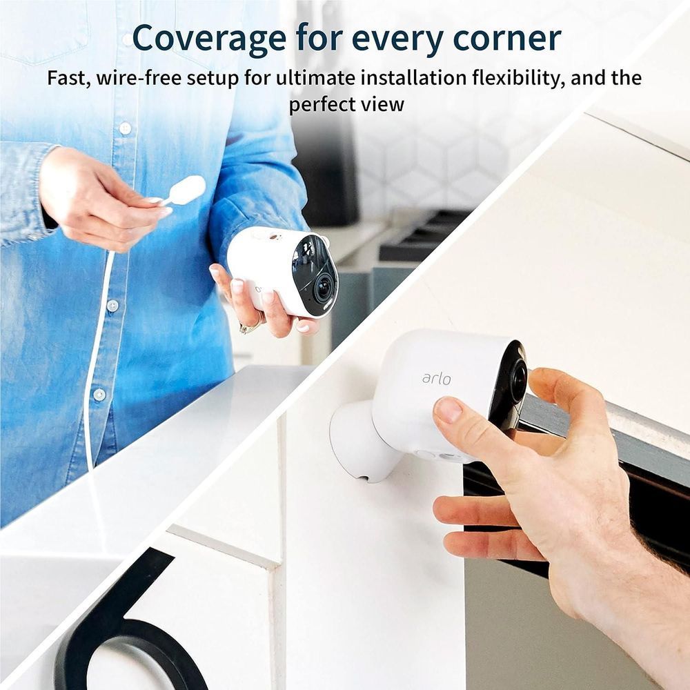 Outdoor security camera being installed on wall corner, white body with lens