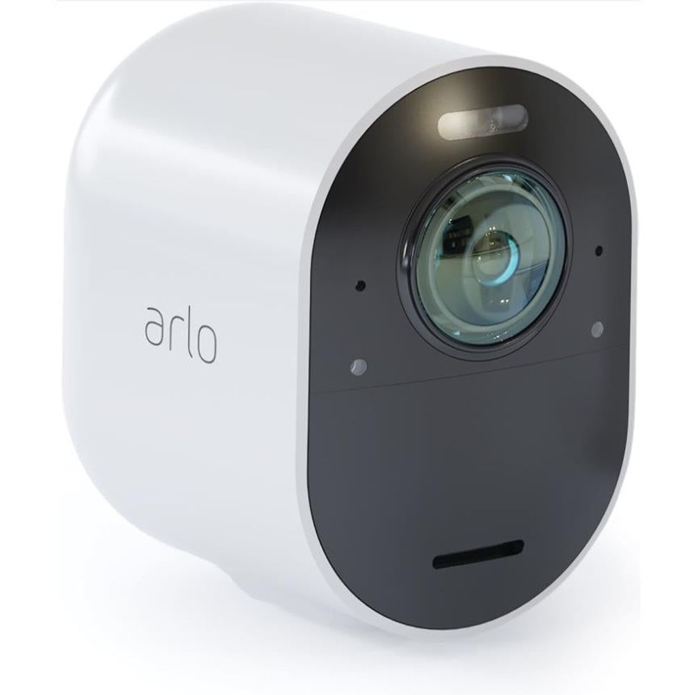 Outdoor security spotlight camera, white body with black face and visible lens