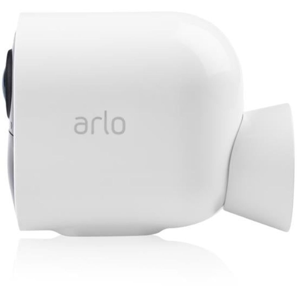 Outdoor security camera with white housing and side mounting arm, close-up
