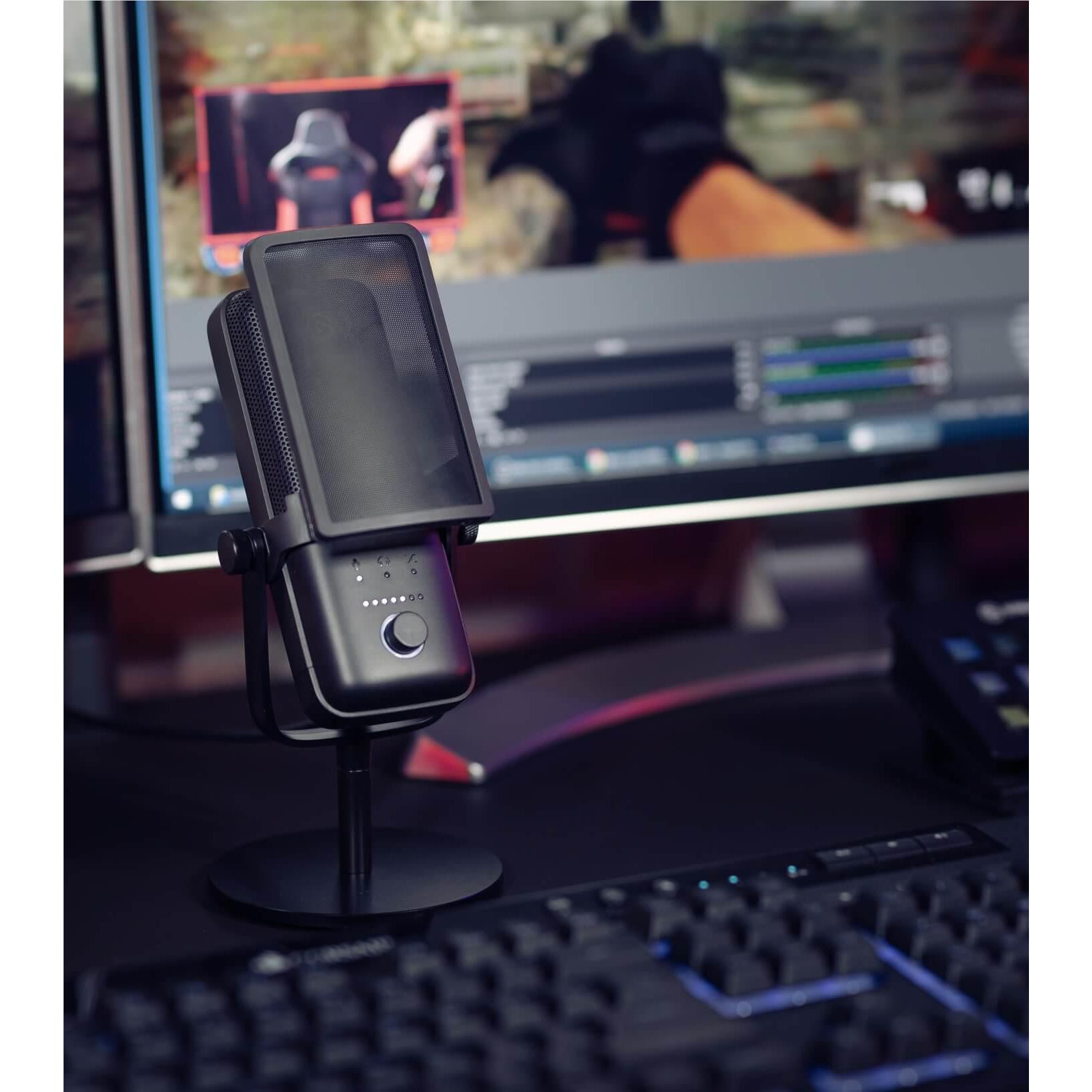 Black pop filter with mesh screen on desktop microphone stand