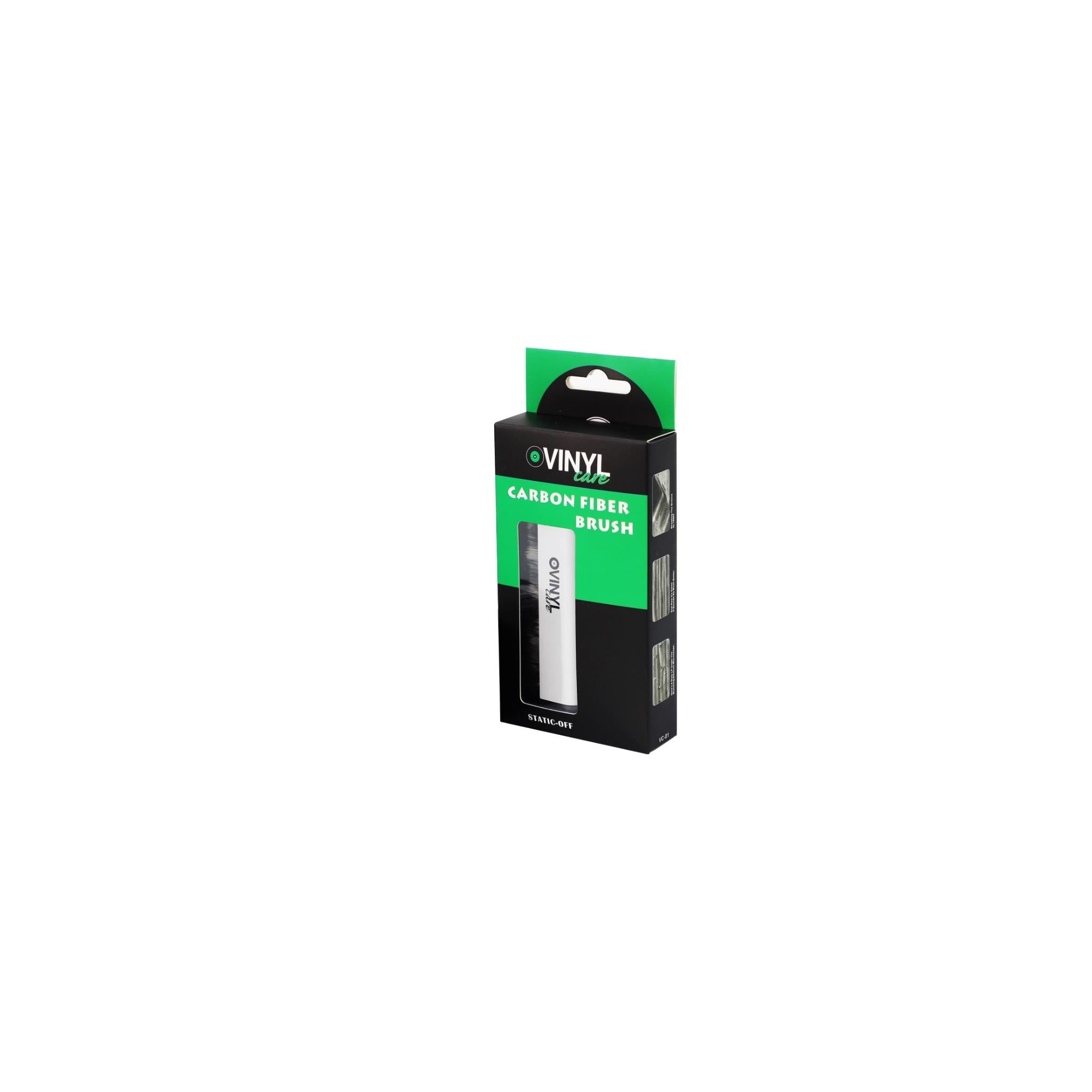 Vinyl record carbon fiber cleaning brush in retail box, black and green package