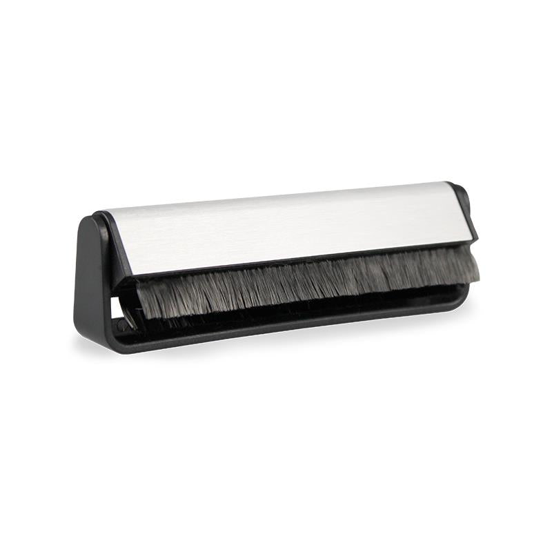 Carbon fiber record cleaning brush with black handle and white roller, black bristles