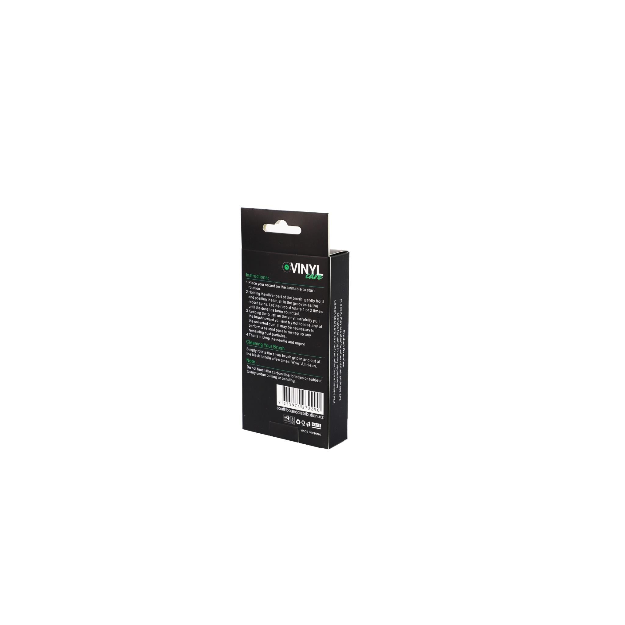 Vinyl cleaning brush retail box back with product details, black and green design