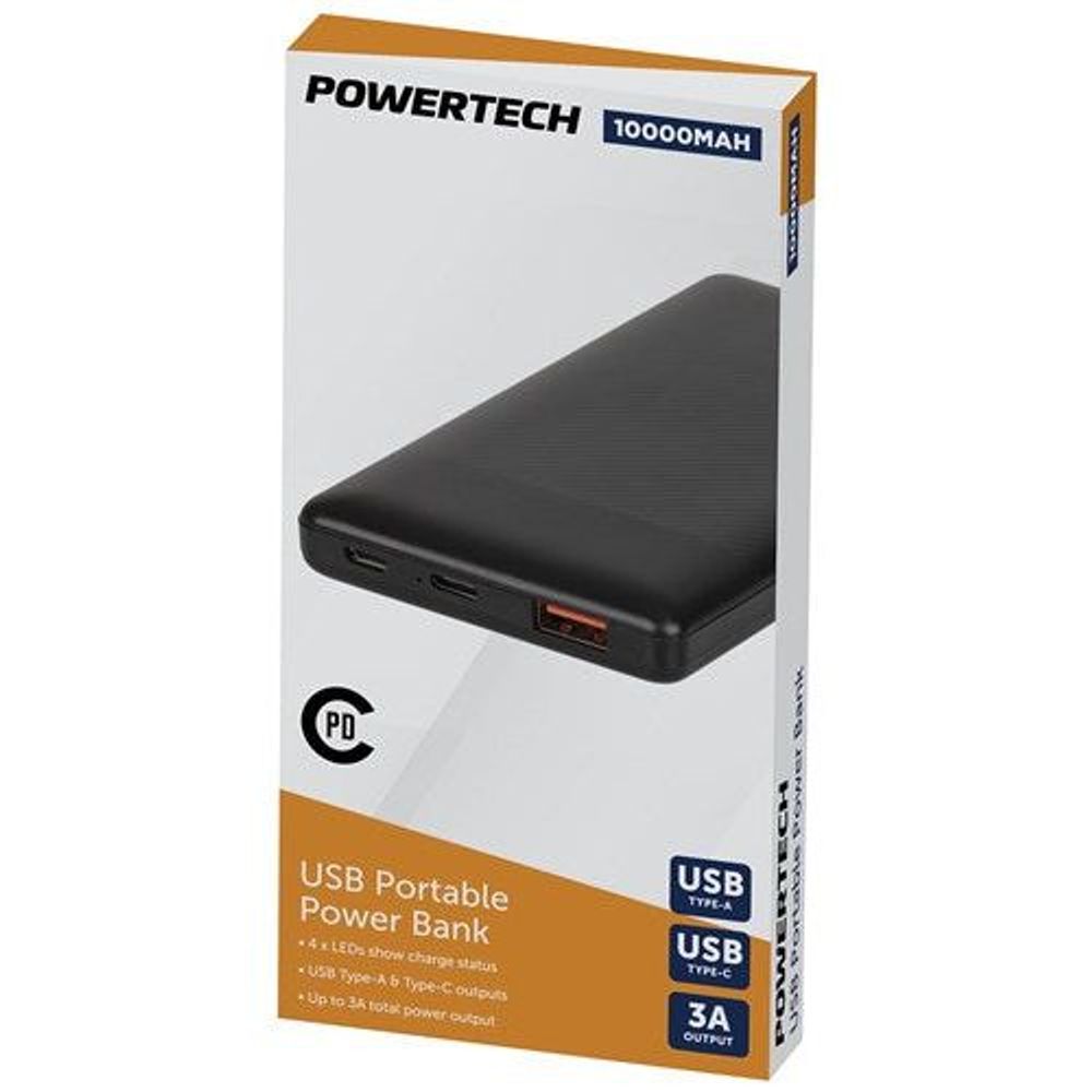 MB3810 - Powertech 10,000mAh Power Bank with USB-C and USB-A Ports in Black