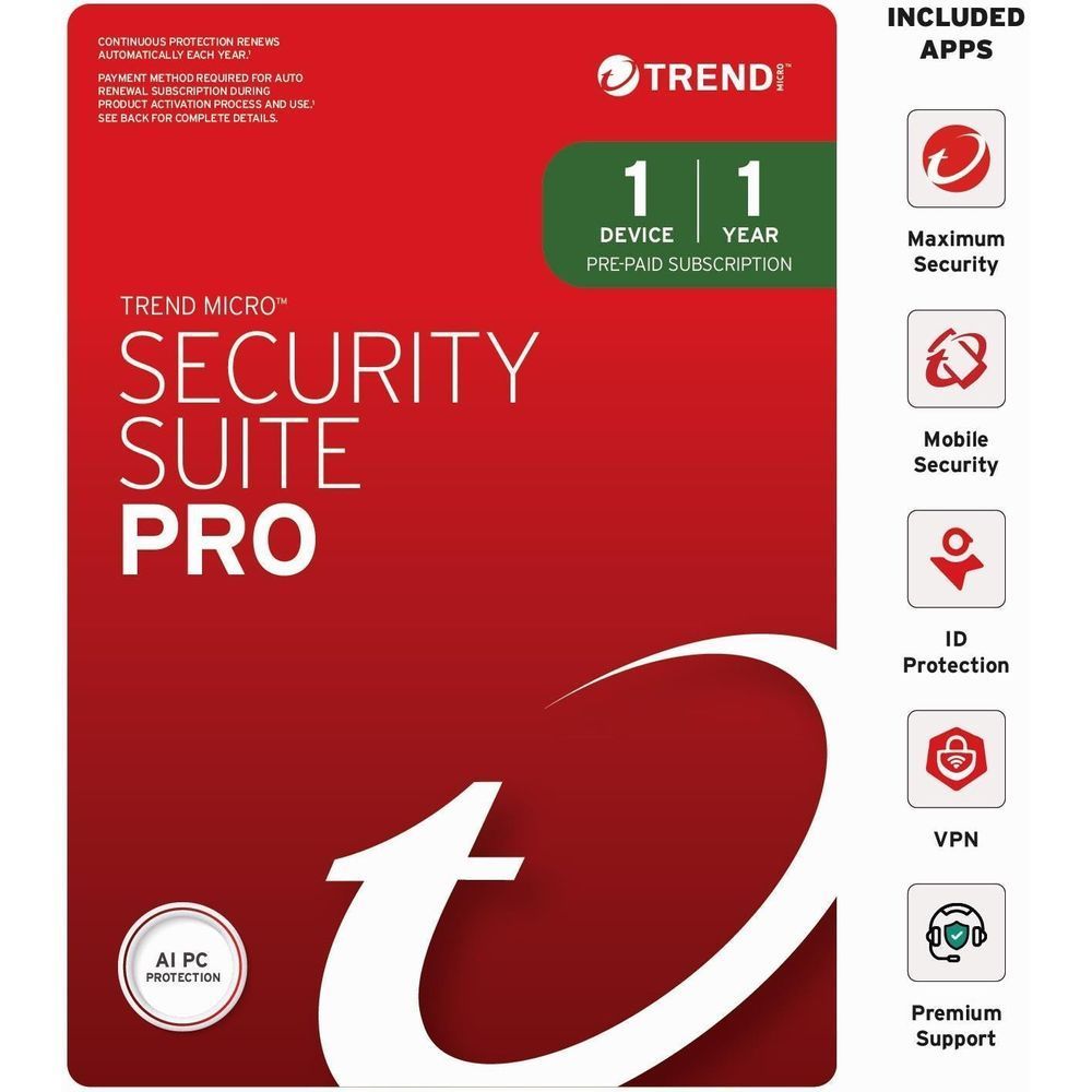 Red Security Suite Pro box showing included apps icons and 1-device, 1-year details
