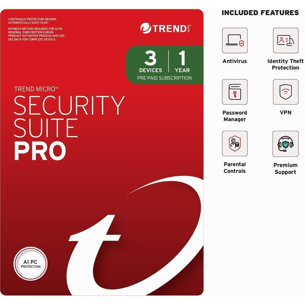 Trend Micro Security Suite Pro card, red cover with 3 devices and 1-year subscription.