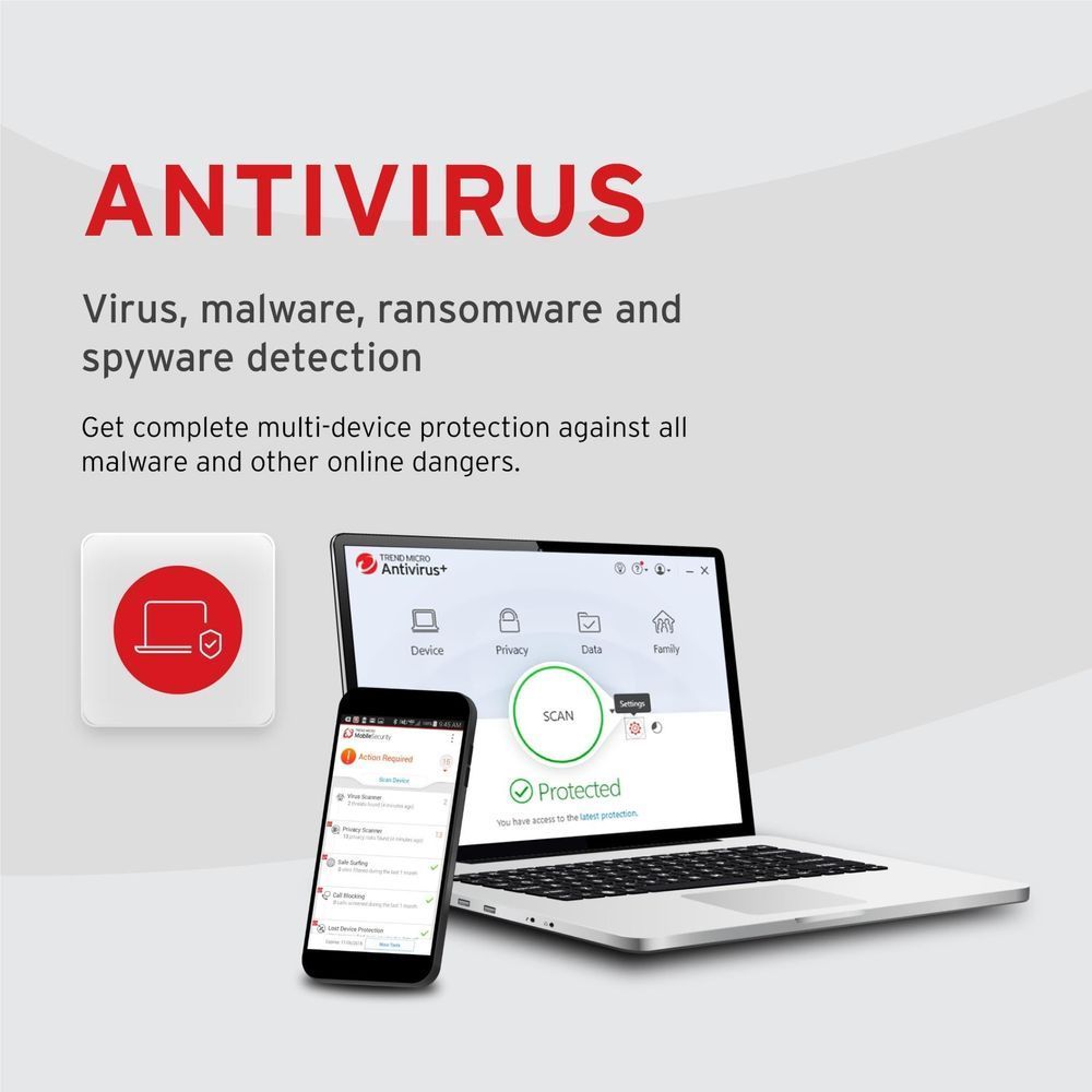 Antivirus feature card with laptop and phone scan screens for malware protection.
