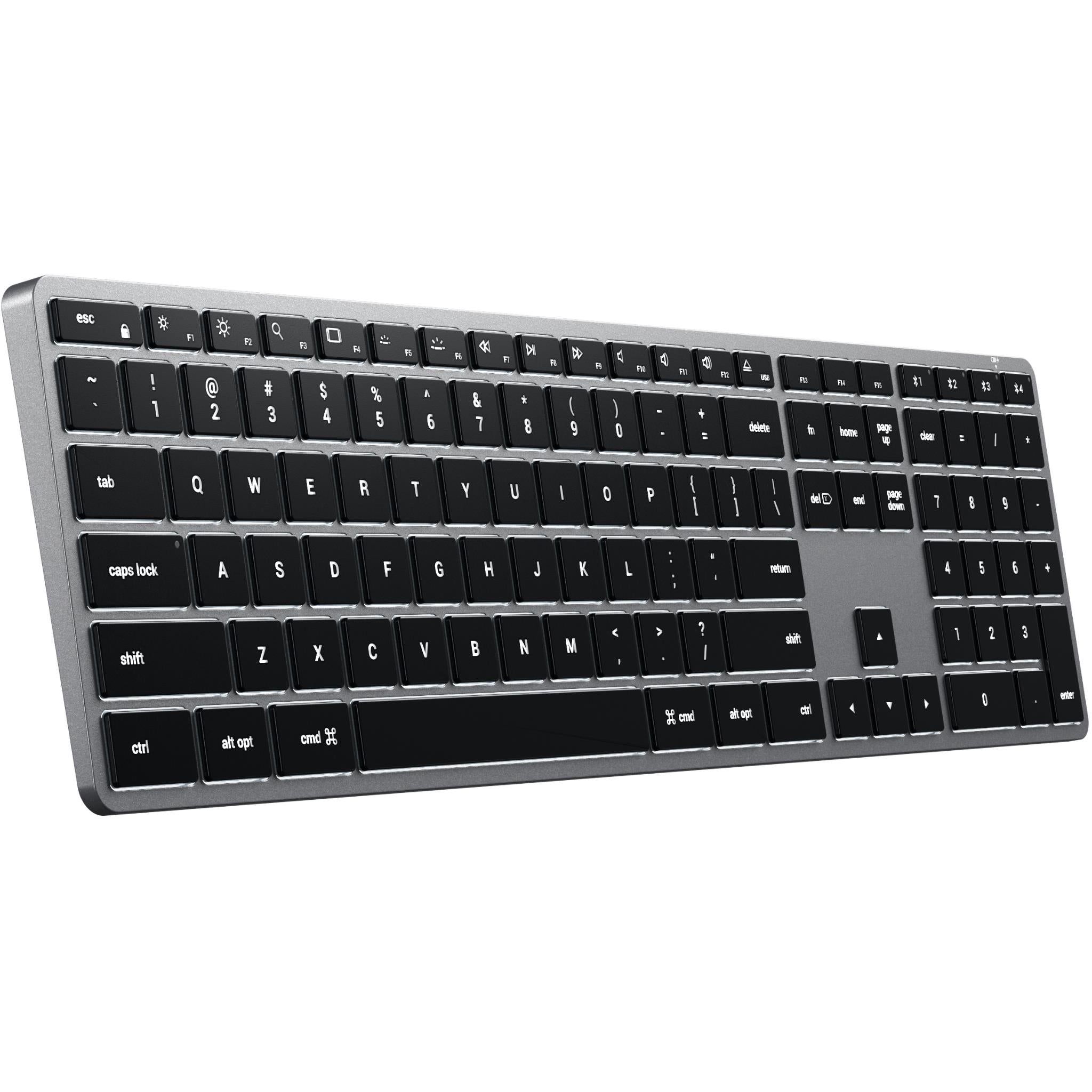 Space gray backlit Bluetooth Mac keyboard with black keys and illuminated lettering