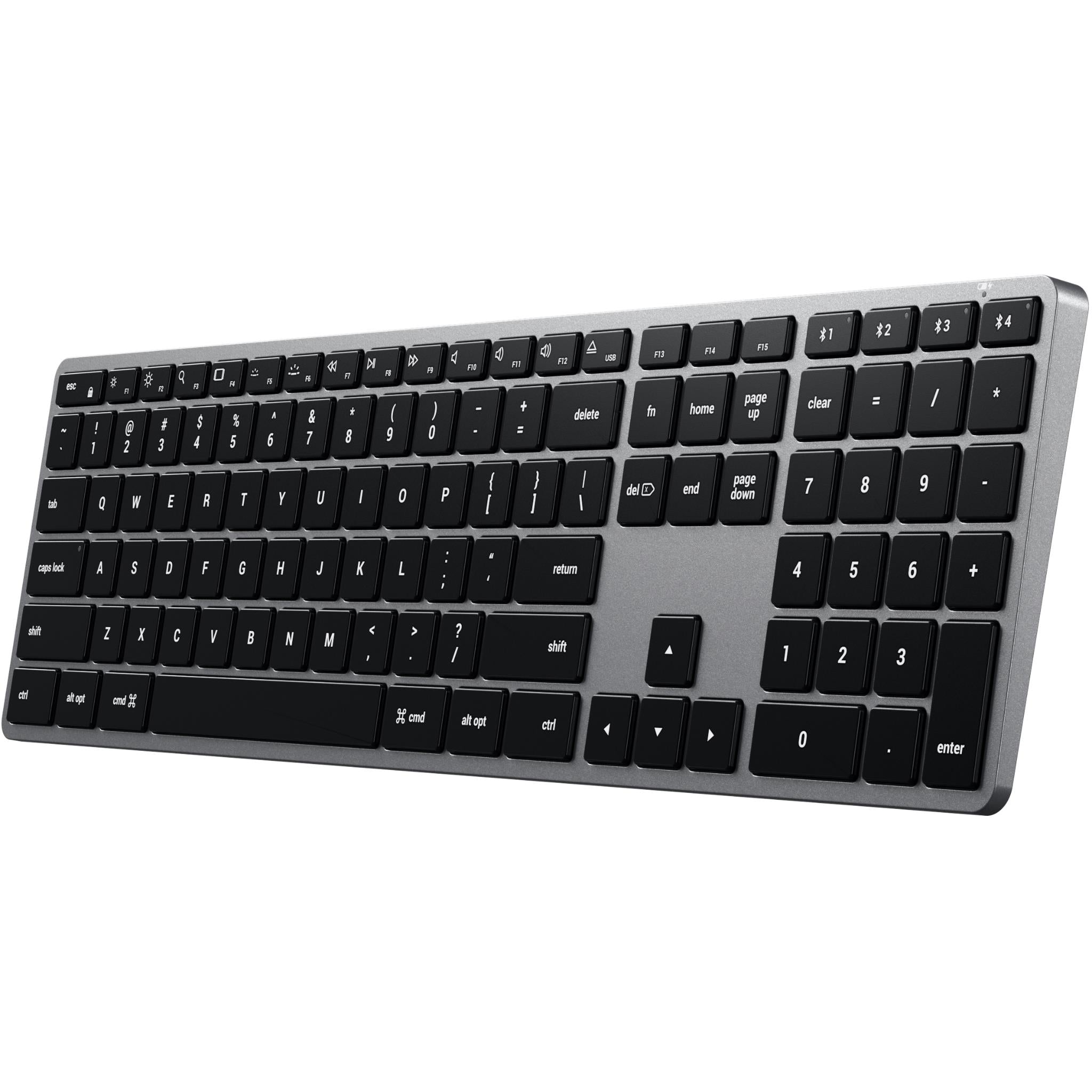 Space gray backlit Bluetooth Mac keyboard angled view with numeric keypad
