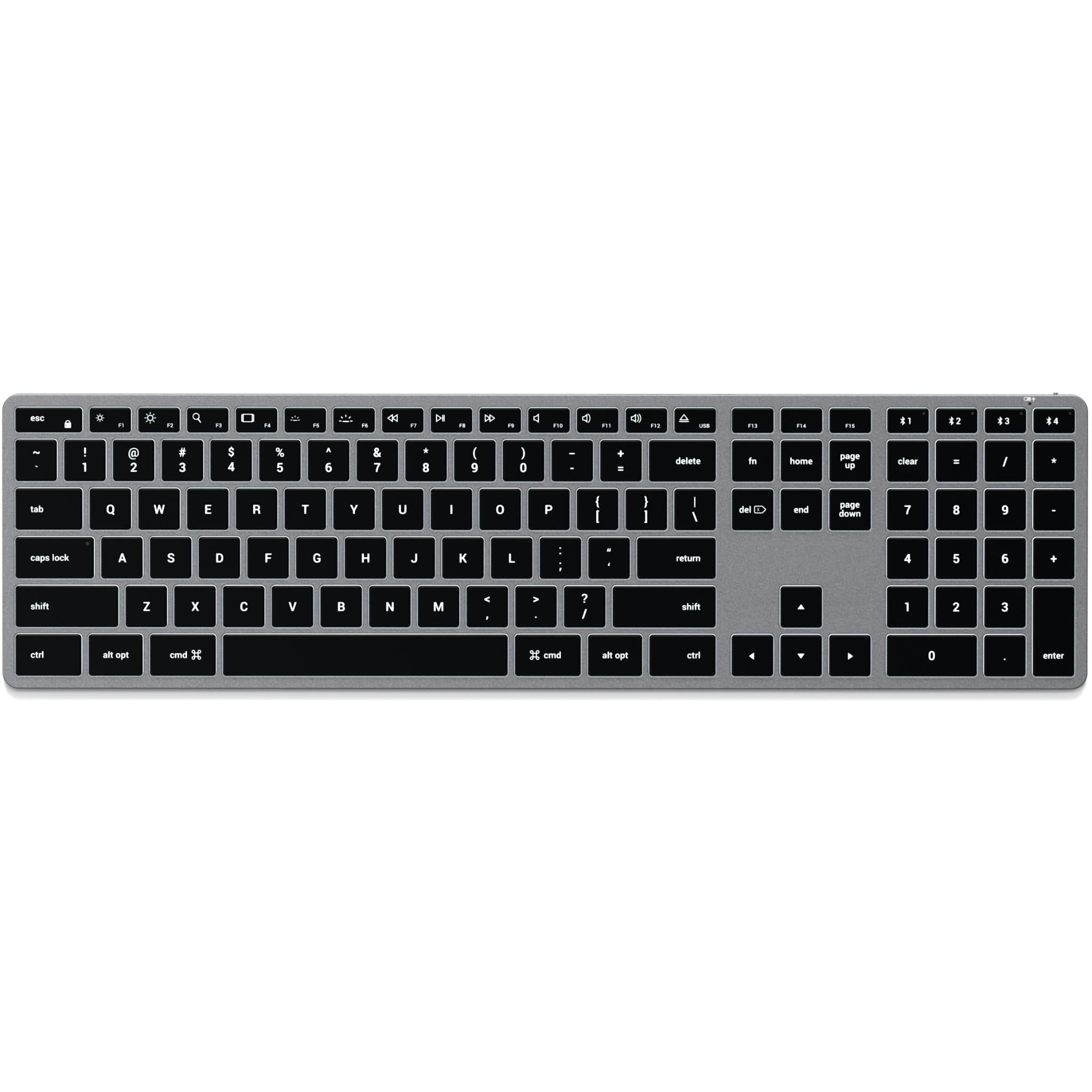 Space gray backlit Bluetooth Mac keyboard top view, black keys with glowing letters