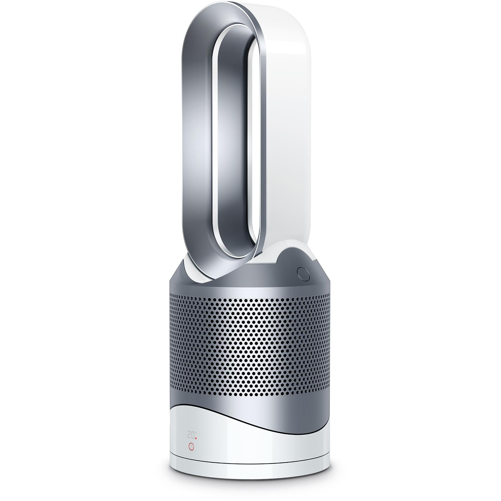 Dyson Pure Hot+Cool purifying fan heater, white and silver, angled side view