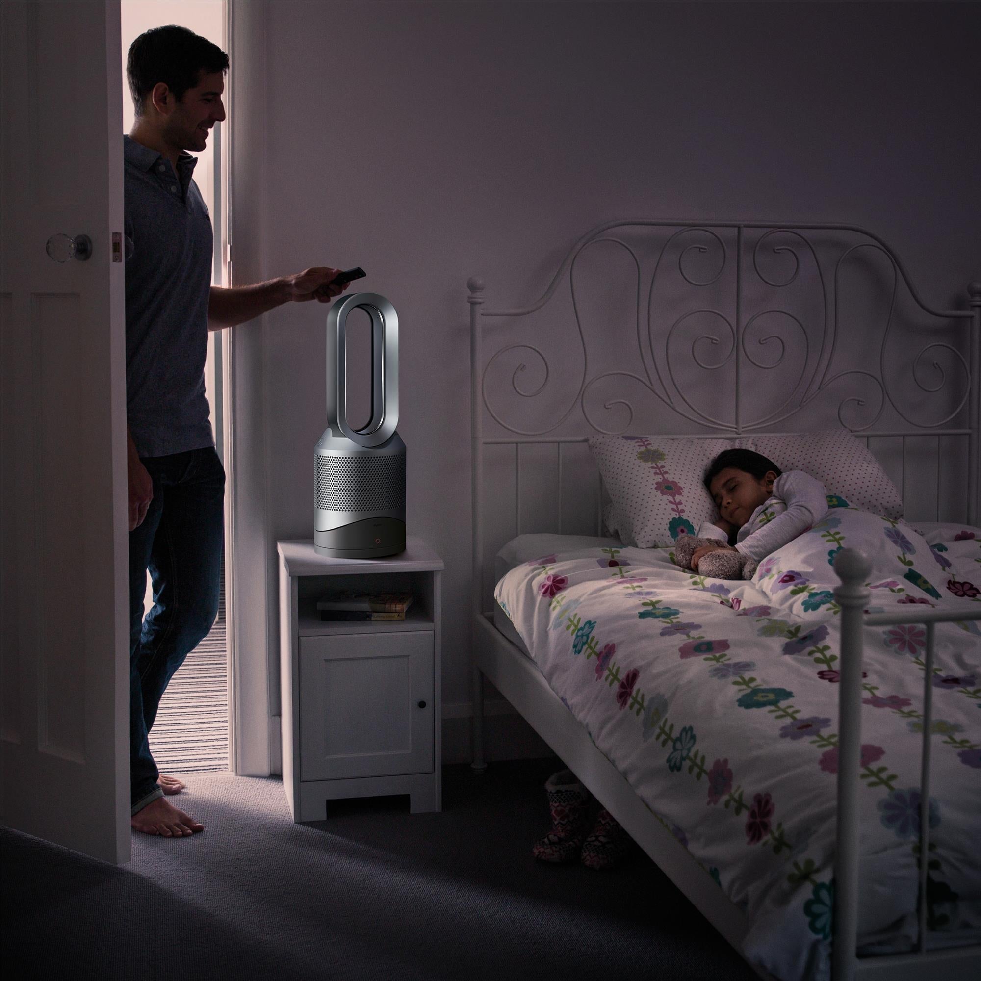 White and silver tower purifier fan heater with vertical airflow outlet