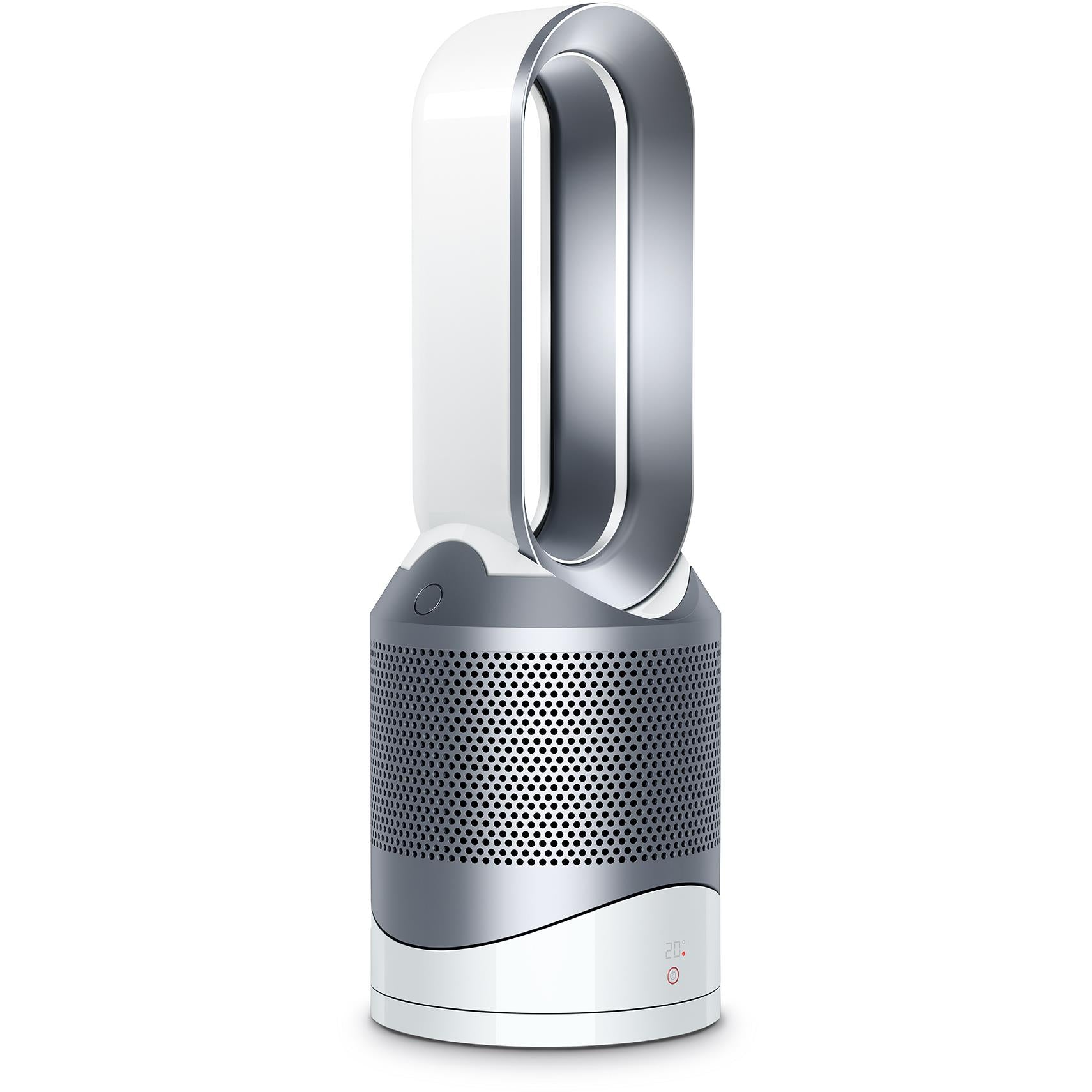 Dyson Pure Hot+Cool purifying fan heater, white and silver, three-quarter view