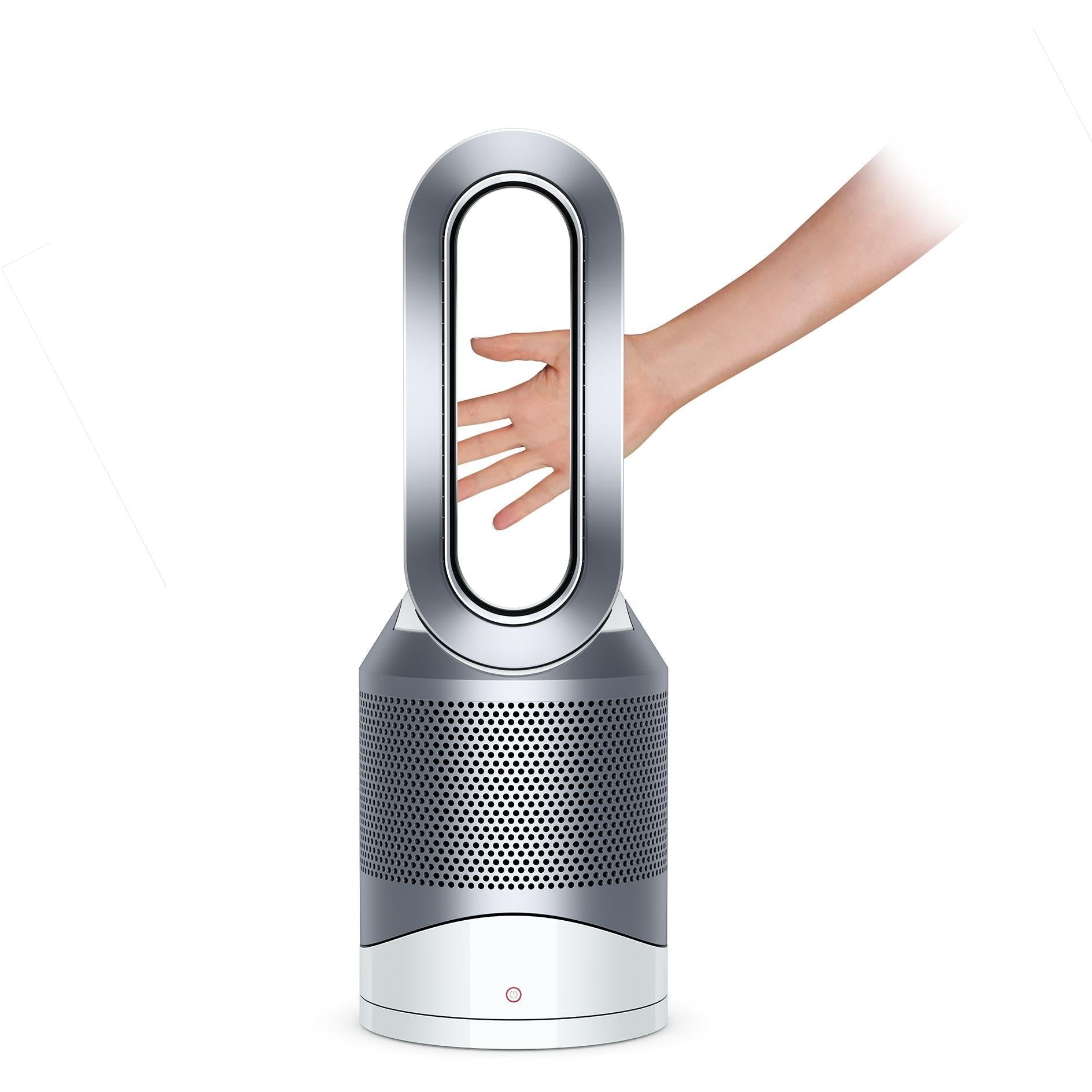 Dyson Pure Hot+Cool purifying fan heater with hand near top inlet