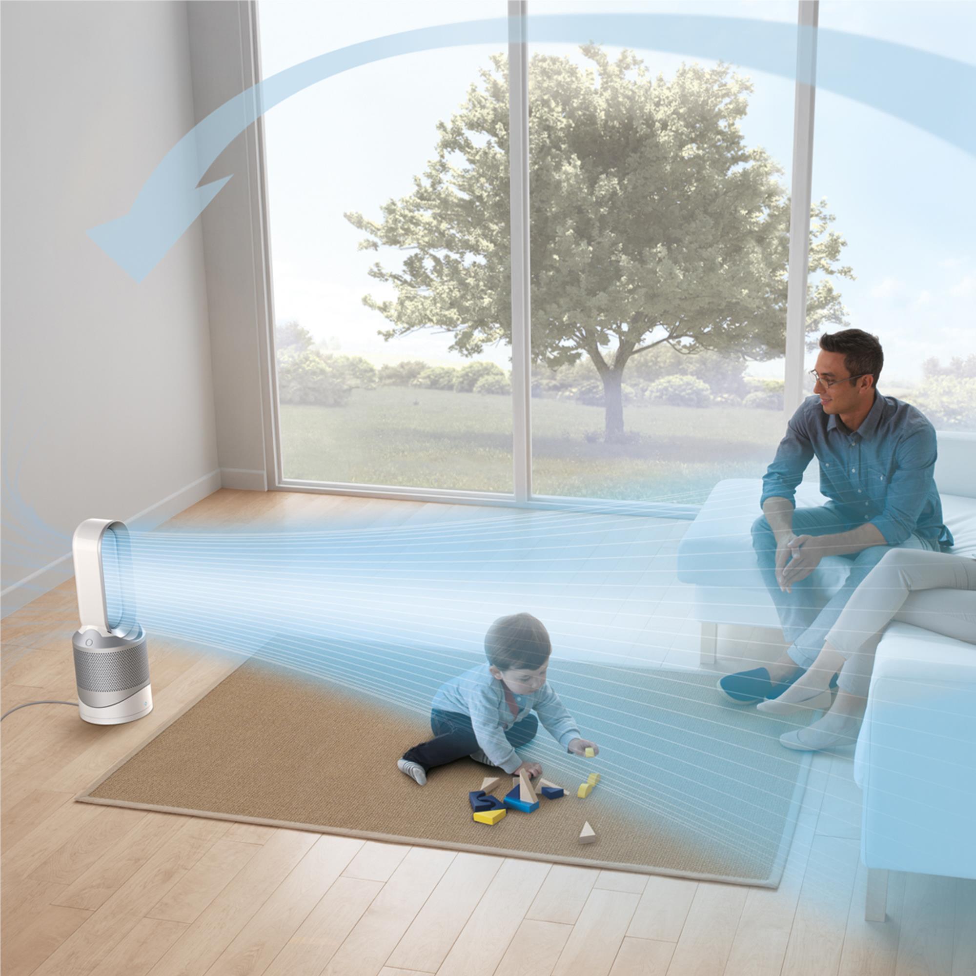 Dyson Pure Hot+Cool purifying fan heater projecting cool airflow to room