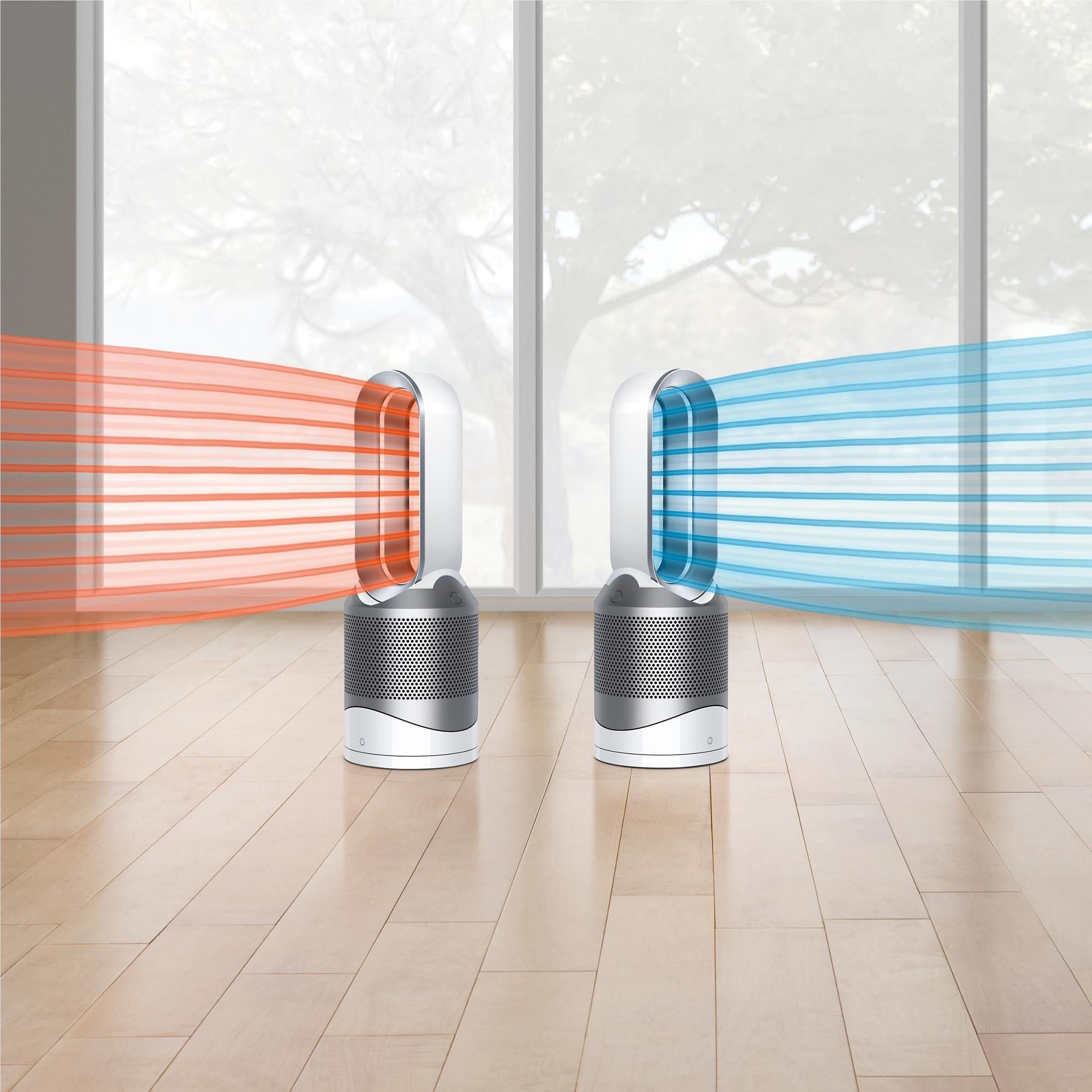 Dyson Pure Hot+Cool purifying fan heater showing hot red and cool blue airflow