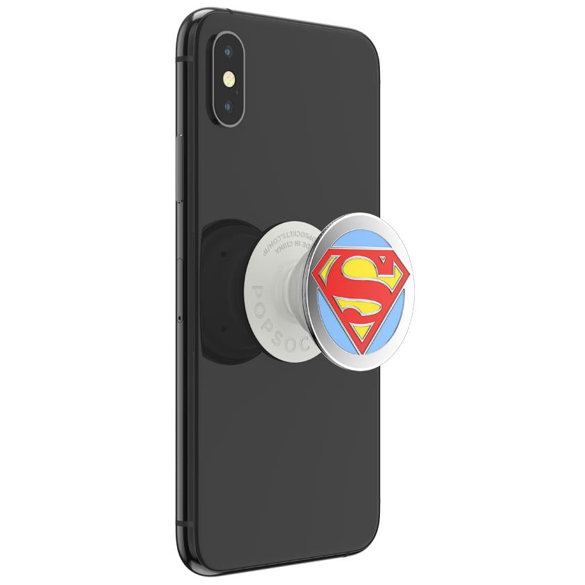 PopSockets PopGrip Superman logo on a black phone case, round stand
