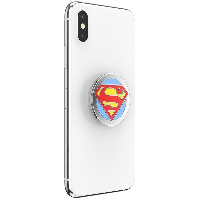 PopSockets PopGrip Superman logo on a white phone case, round stand