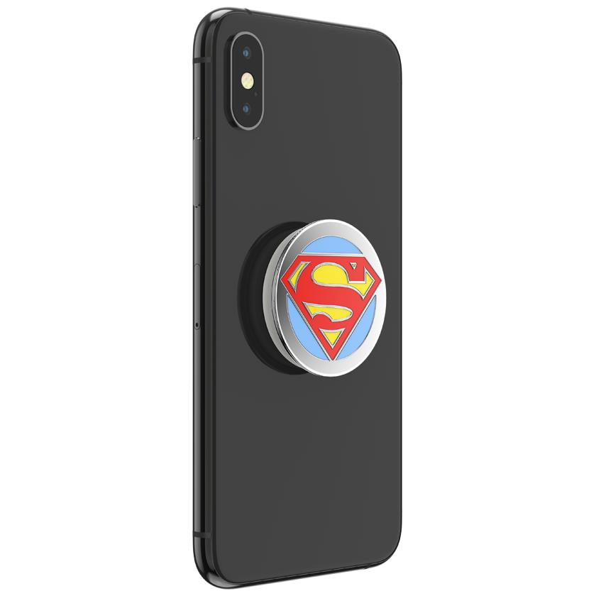 PopSockets PopGrip Superman logo on a black phone case, side view