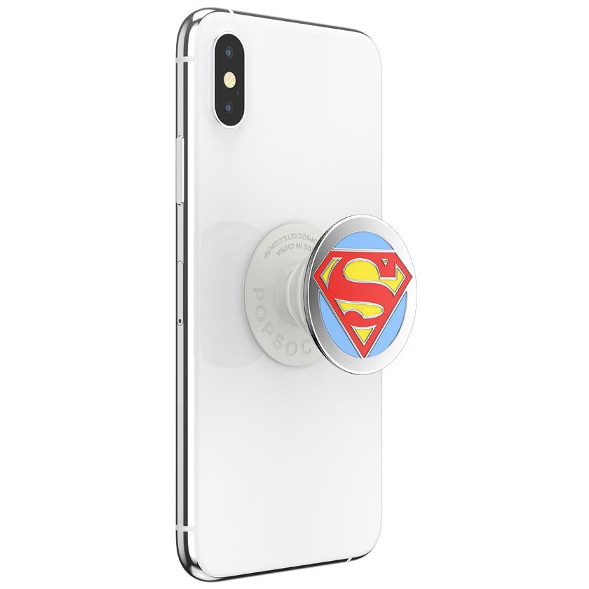 PopSockets PopGrip Superman logo on a white phone case, side view