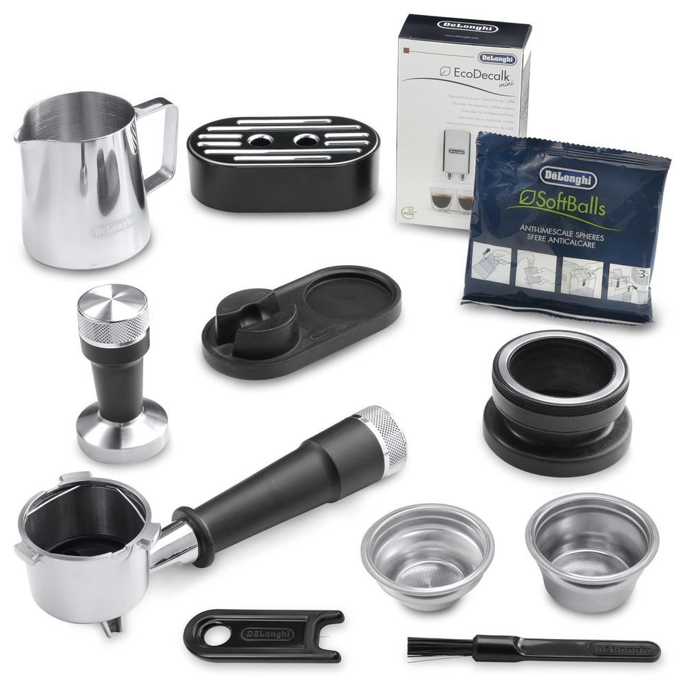 Espresso machine accessories set: portafilter, cups, filters, tamper, and scoop