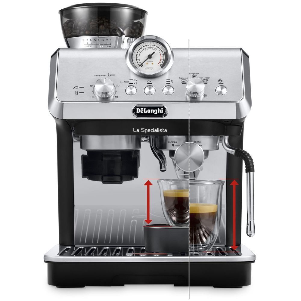 Stainless espresso machine with dual-cup brewing and water-flow indicator view
