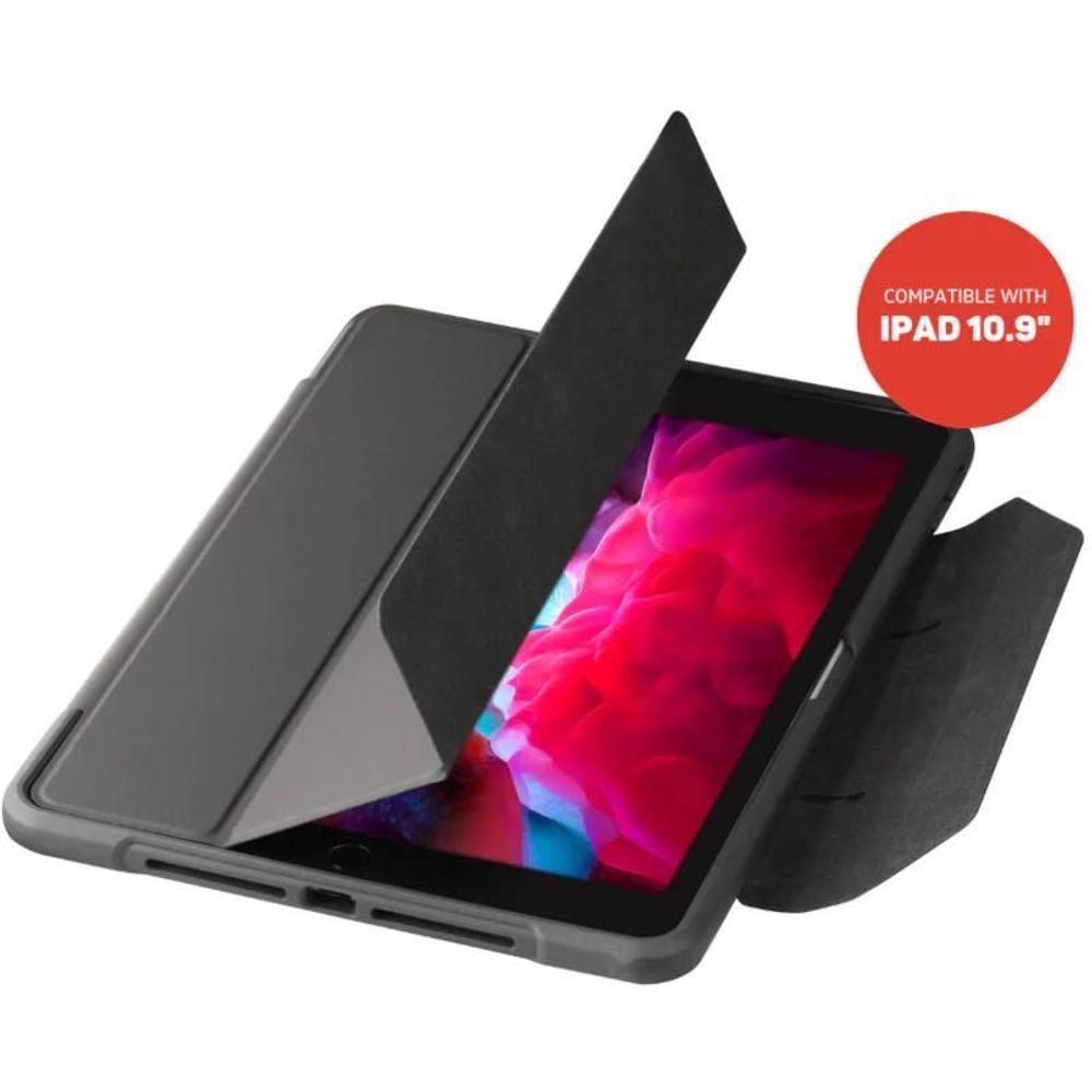 Dark gray iPad folio case in stand mode with front cover folded back