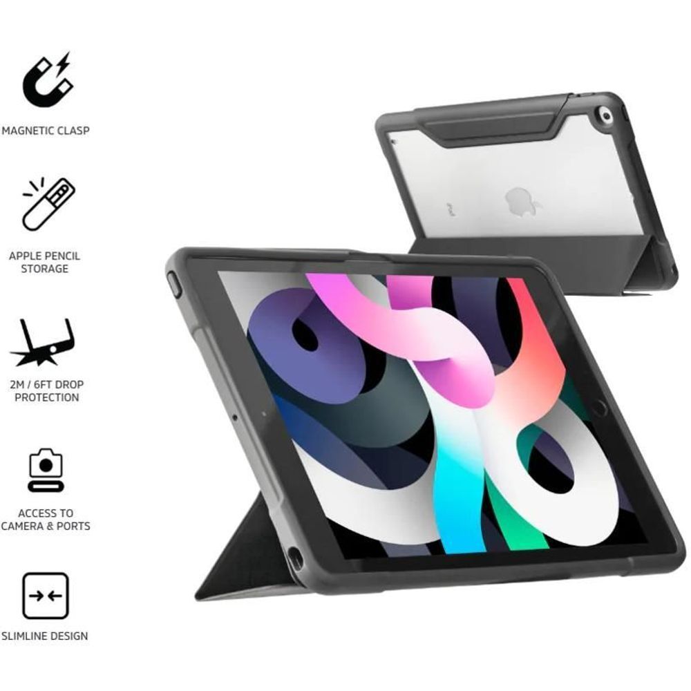 Dark gray rugged folio iPad case with Apple Pencil storage and secure grip