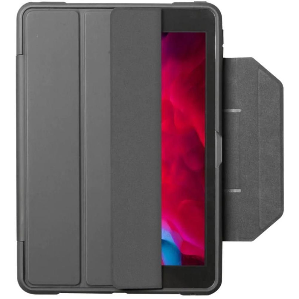 Dark gray iPad folio case with attached side cover and front shell in place