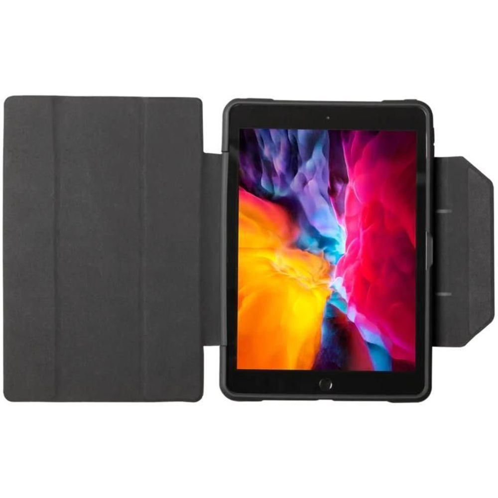 Dark gray iPad folio case with front cover closed and kickstand support