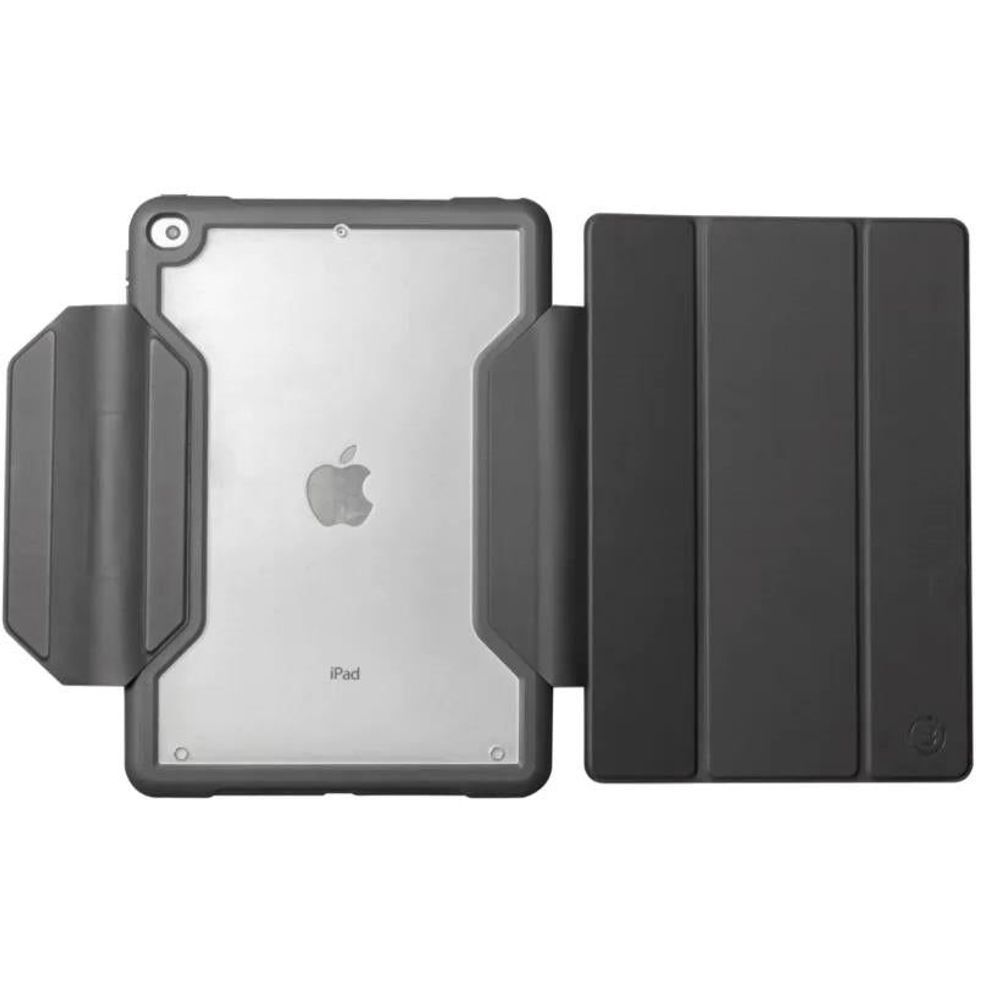 Rugged dark gray iPad case with rear shell and front folio cover, open view