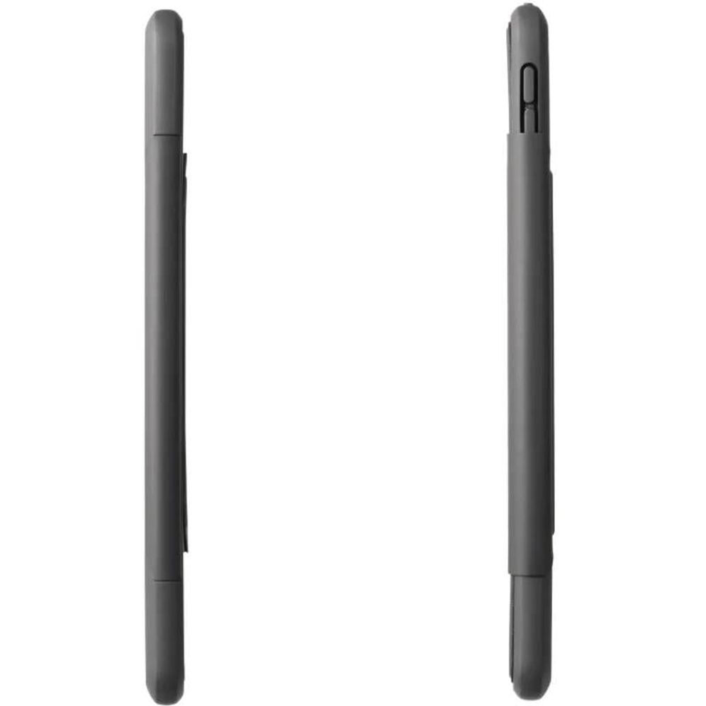 Slim dark gray iPad folio case with protective side edges and button cutouts