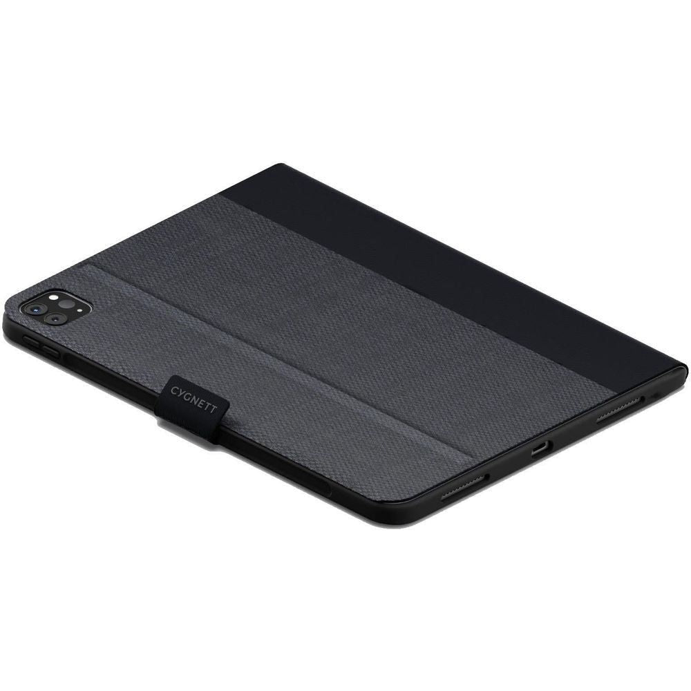 Black slim folio case with textured back and fold-out viewing stand