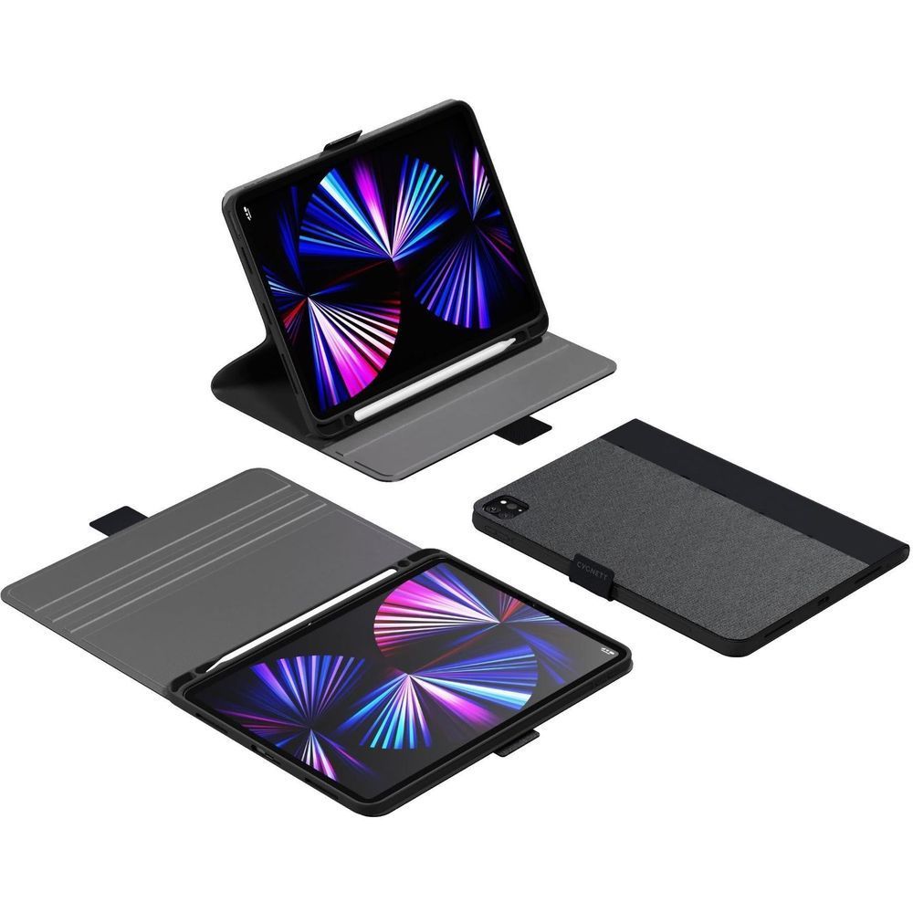 Black folio case open, showing textured back and fold-out stand