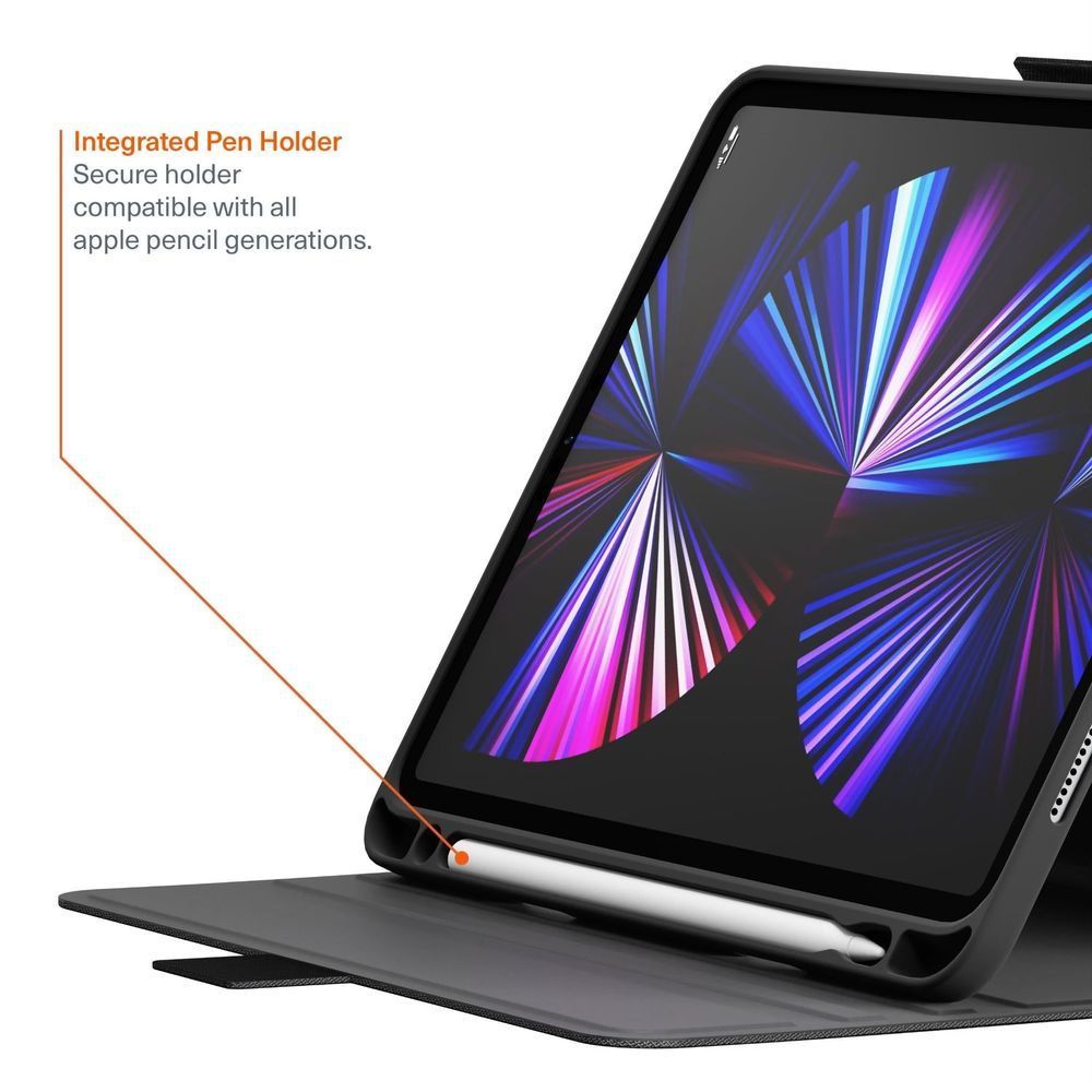 Black folio case with integrated pen holder and portrait viewing kickstand