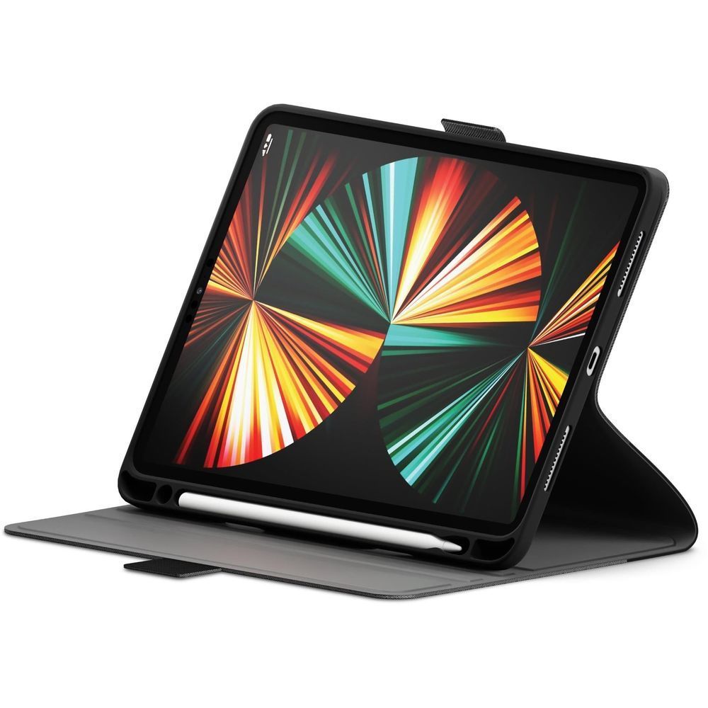 Black folio iPad case with kickstand, angled viewing stand and screen cover