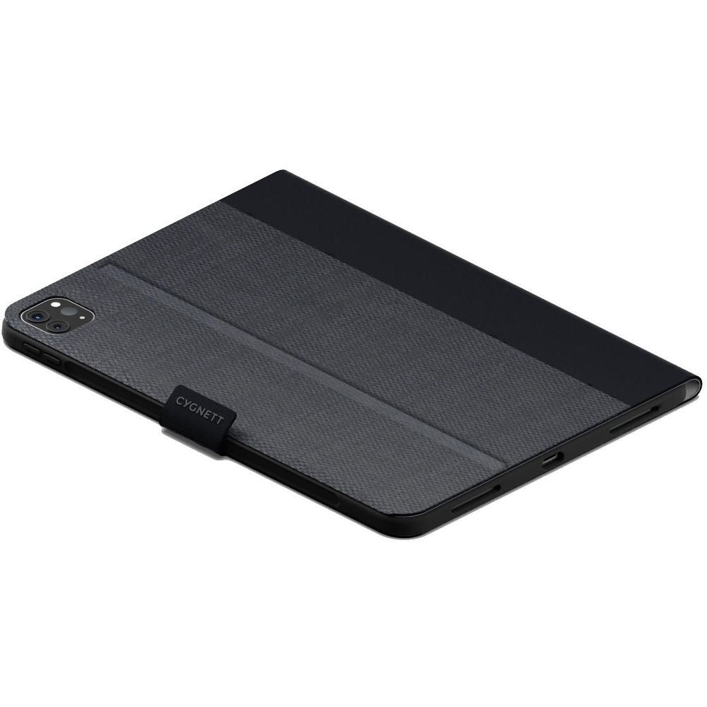 Black folio iPad case with textured back and matching cover flap