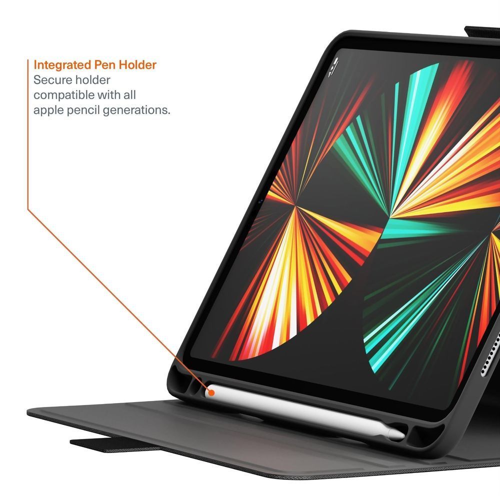 Black iPad stand case angled for viewing with front cover raised