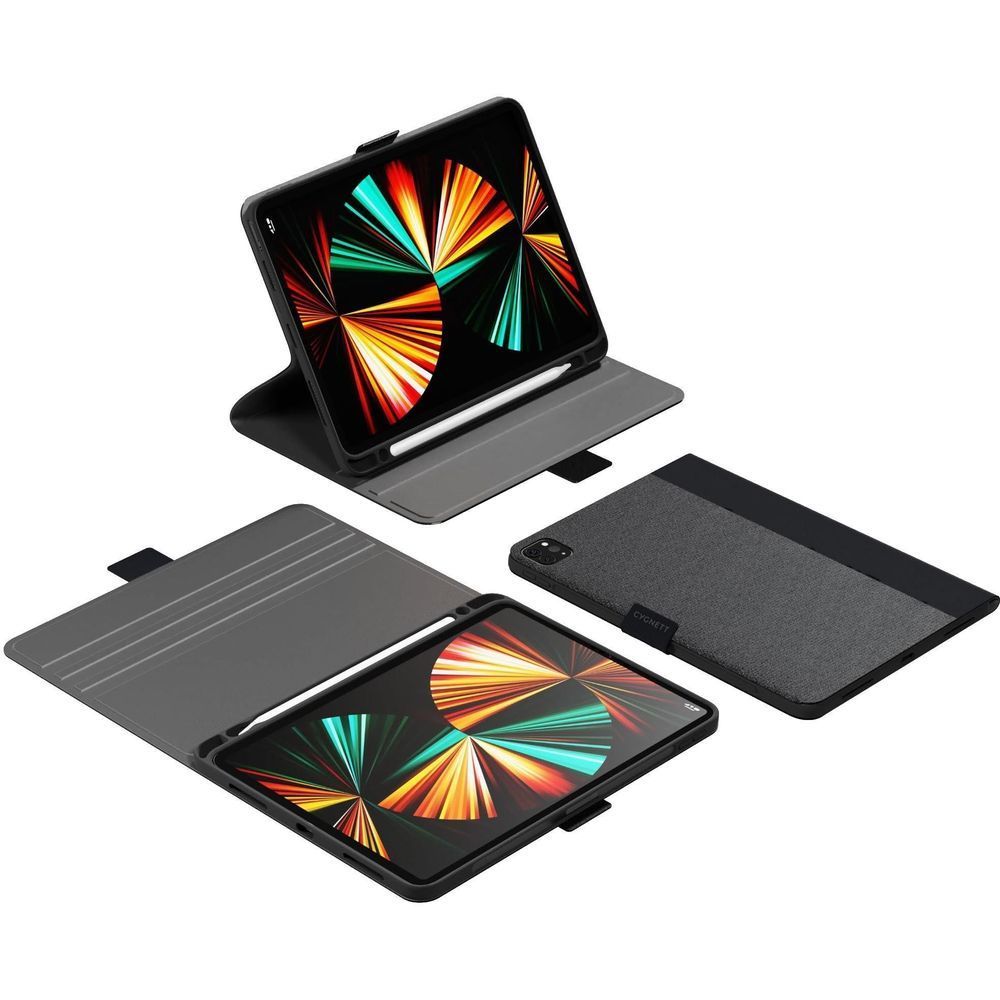 Black folio iPad case with front cover, back shell, and stand pieces